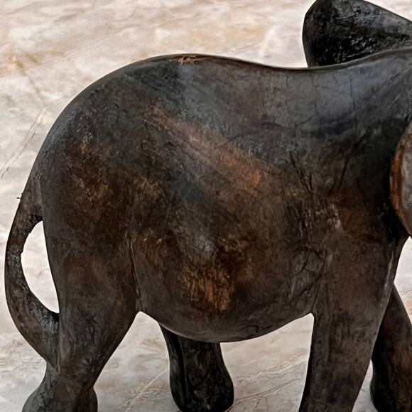 Vintage Hand Carved Elephant With Tusks Trunk Down Dark Wood Sculpture 5" Tall - Picture 6 of 15